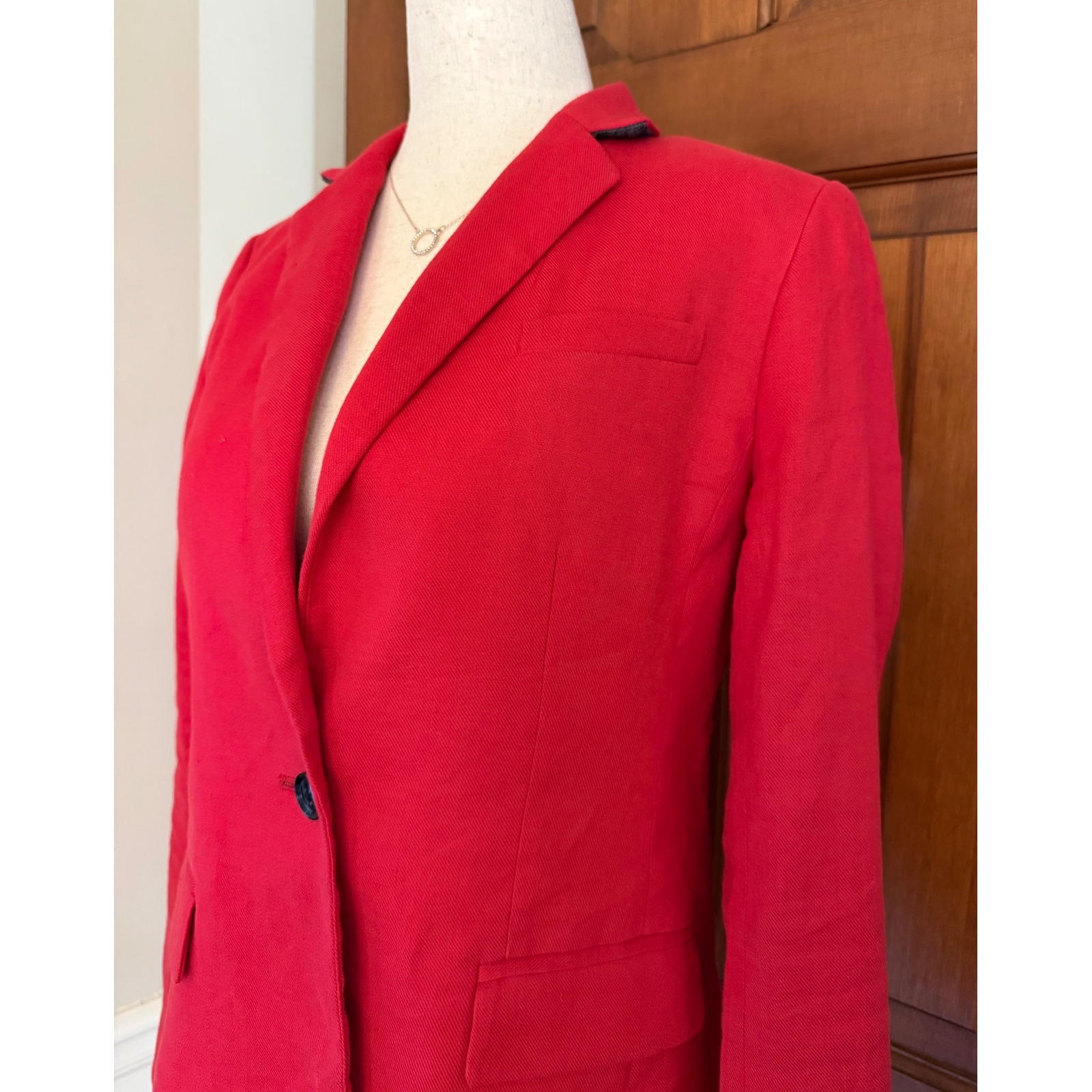 Banana Republic Long Lean Blazer Womens Size 0 Red Linen Cotton One-Button